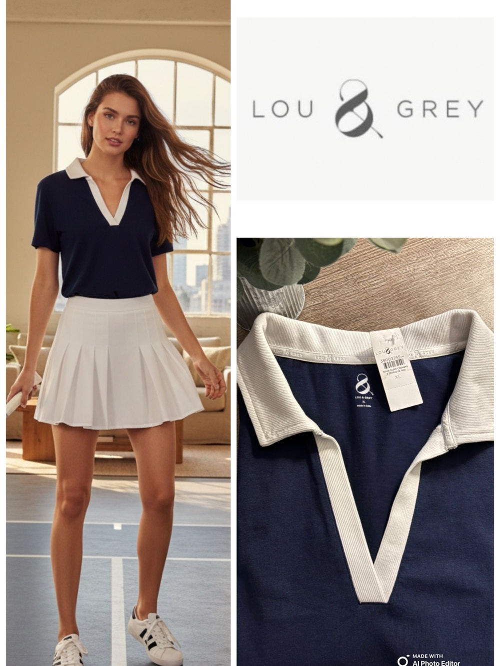 !!NWT!! Lou & Grey Loft Navy Blue White V-Neck Polo Top XL